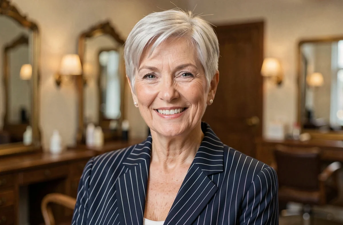 Femme de 70 ans avec une coupe courte argentée en pixie cut élégante illuminant le visage dans un salon de coiffure