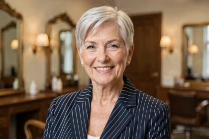 Femme de 70 ans avec une coupe courte argentée en pixie cut élégante illuminant le visage dans un salon de coiffure