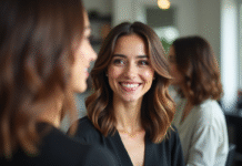 Femme souriante avec coupe en couches dans un salon moderne