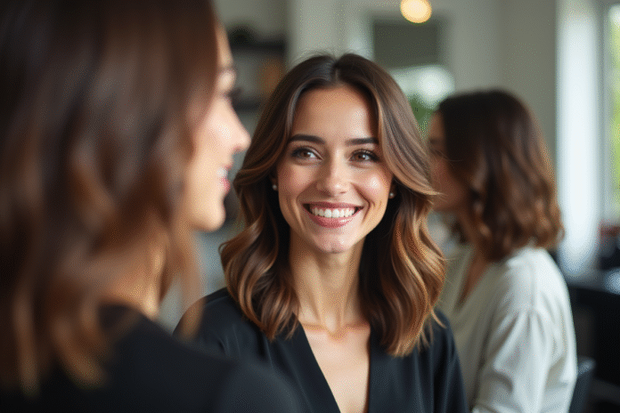 Femme souriante avec coupe en couches dans un salon moderne