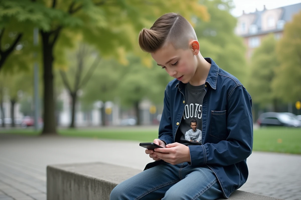 Ado garçon 14 ans avec undercut à raie latérale assis sur un muret dans un parc urbain