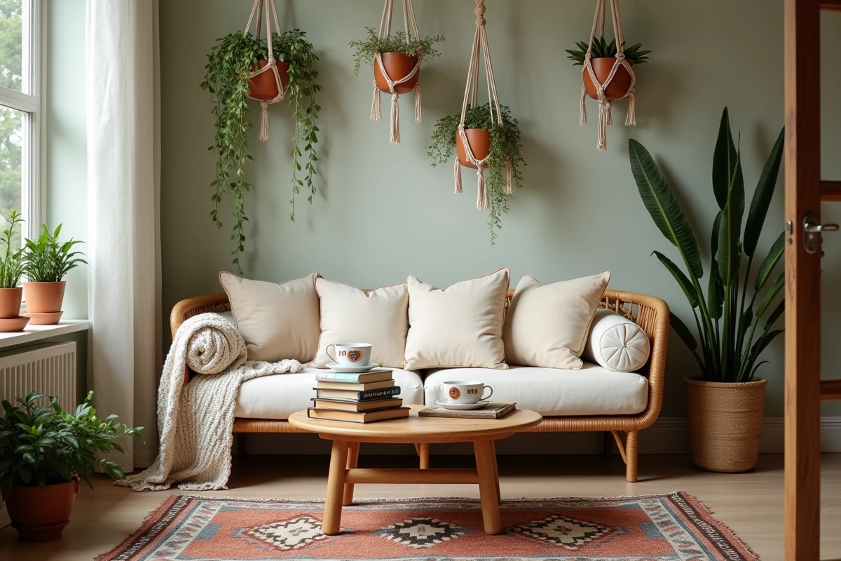 Coin salon d'attente bohème chic avec canapé en rotin, coussins en lin, plantes suspendues en macramé et tapis kilim usé