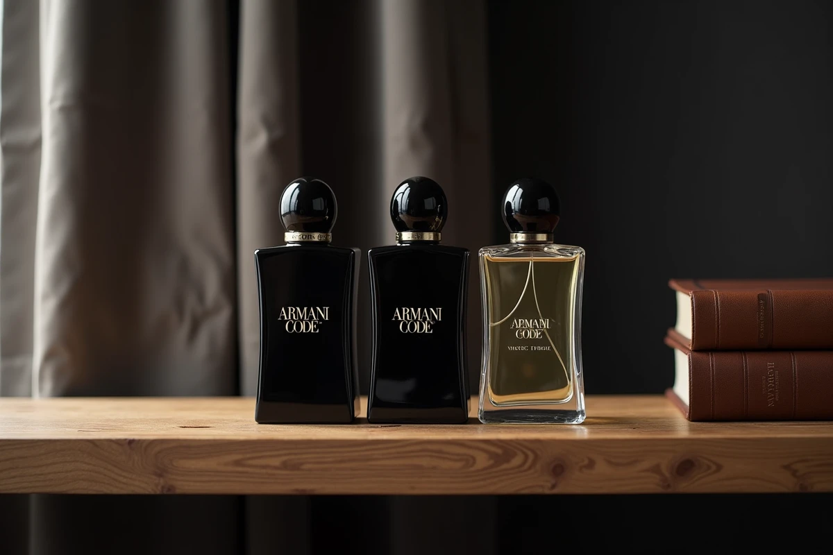 Collection de parfums Armani Code pour homme alignés sur une étagère en bois, comparaison des flacons