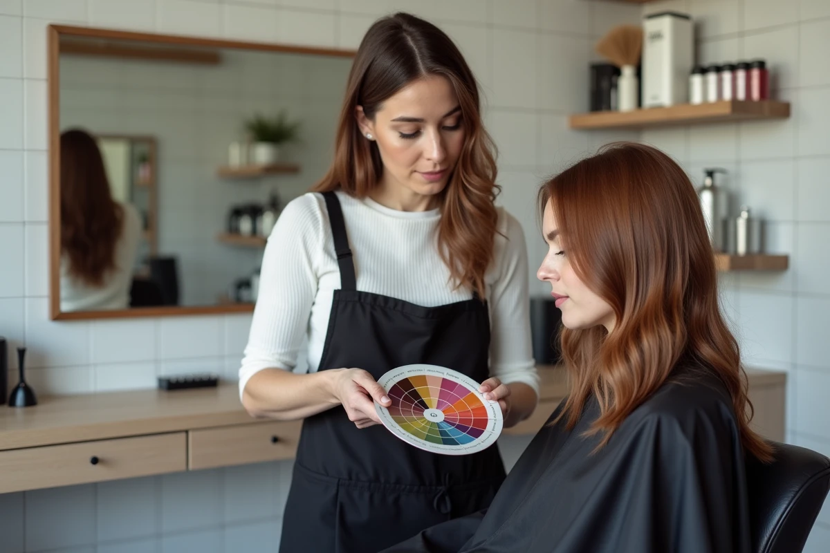 Coloriste professionnelle comparant une roue chromatique avec la couleur des cheveux d'une cliente dans un salon de coiffure moderne