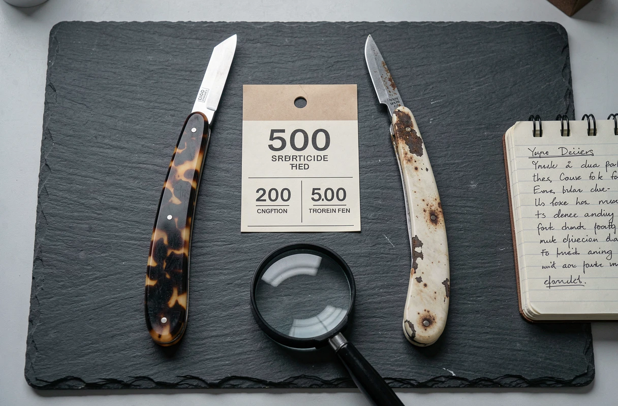 Comparaison à plat de deux rasoirs droits d'occasion côte à côte, l'un en bon état et l'autre usé avec des défauts visibles, sur une surface en ardoise sombre avec une loupe et des notes d'inspection