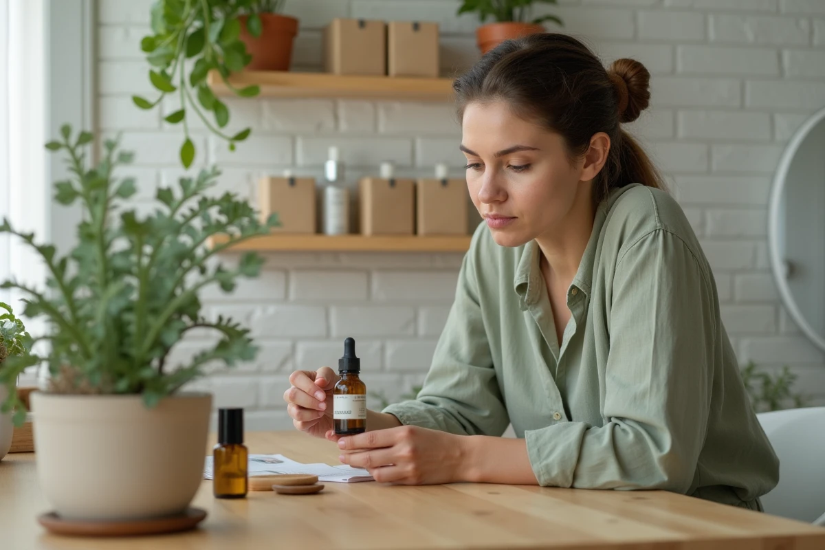 Femme inspectant des produits de beauté bio issus d'une box mensuelle sur une coiffeuse en bois dans une salle de bain scandinave
