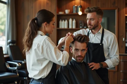 Consultation entre une cliente et un coiffeur professionnel dans un salon de coiffure moderne avant de devenir permanente