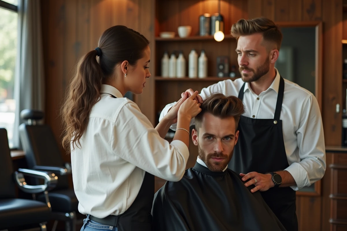 Consultation entre une cliente et un coiffeur professionnel dans un salon de coiffure moderne avant de devenir permanente