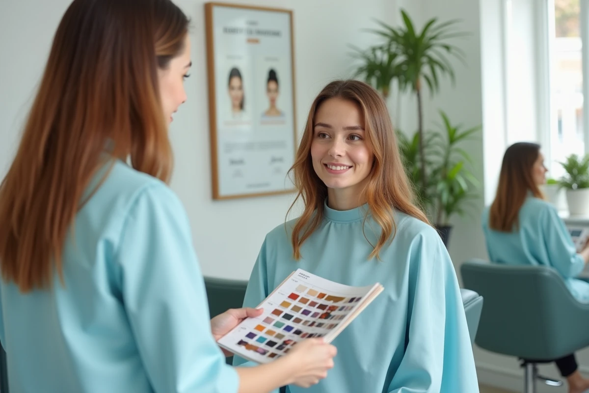 Cliente et coiffeuse consultant un nuancier de couleurs dans un salon de coiffure professionnel à Toulouse
