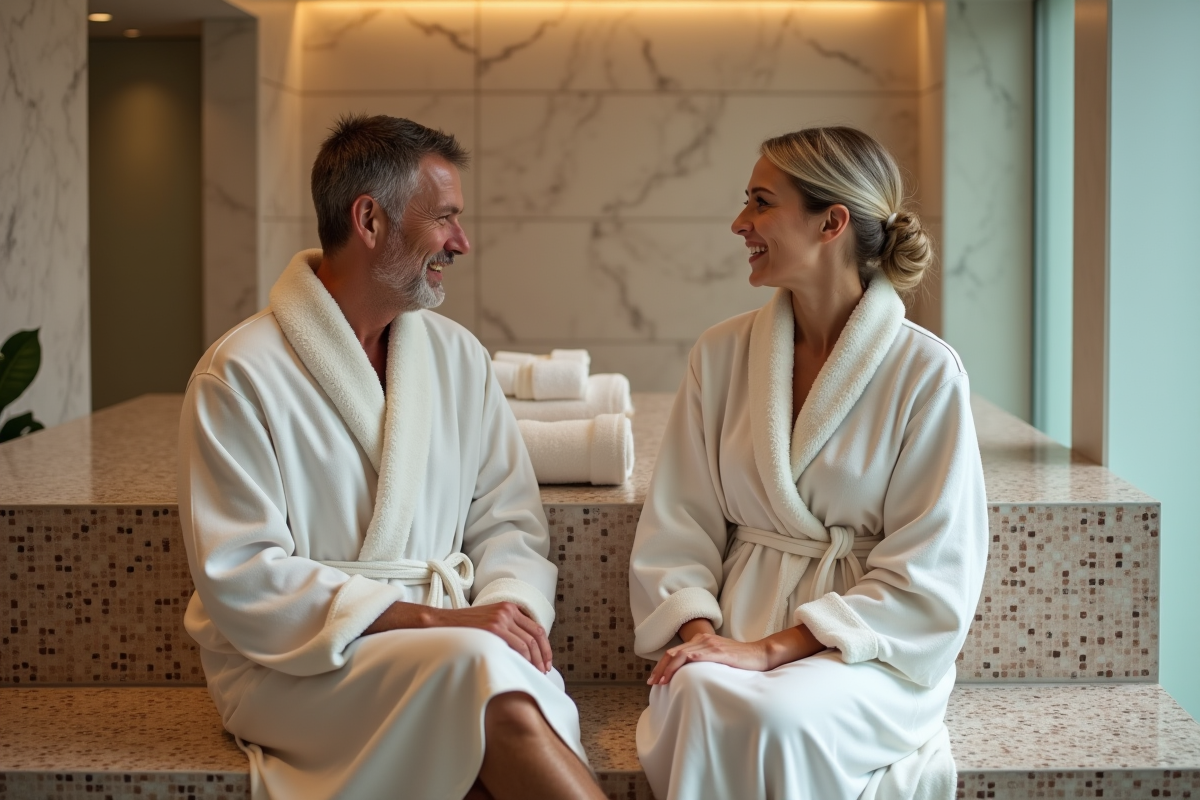 Homme et femme en robes de coton discutant dans un spa moderne