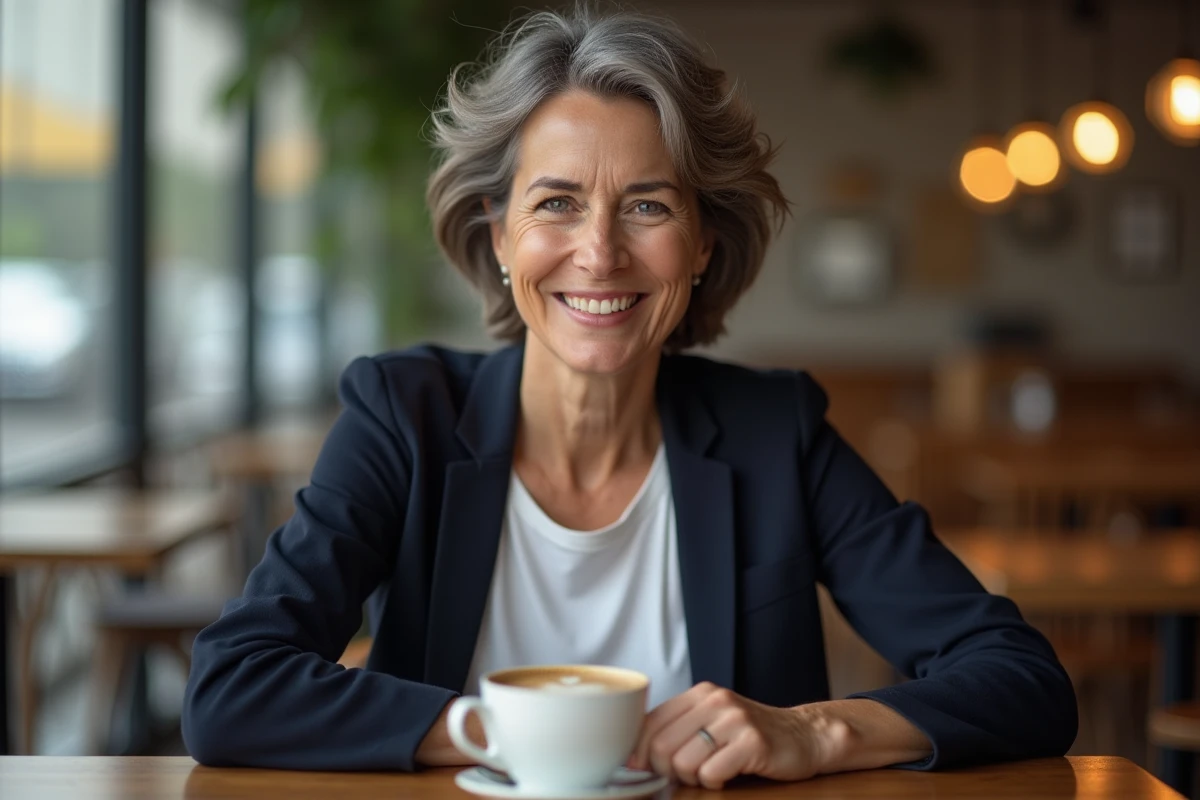 Femme d'âge mûr avec une coupe courte bob légère et volumineuse dans un café contemporain