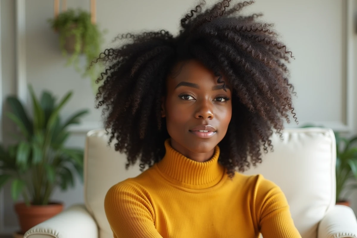 Femme noire aux cheveux bouclés volumineux avec coupe mi-longue tendance 2026, portrait studio style minimaliste