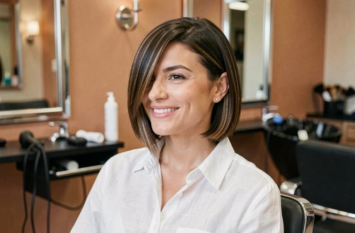 Femme aux cheveux châtains avec une coupe au carré dégradé dans un salon de coiffure moderne