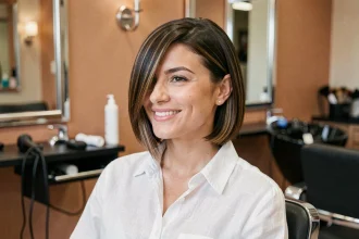 Femme aux cheveux châtains avec une coupe au carré dégradé dans un salon de coiffure moderne