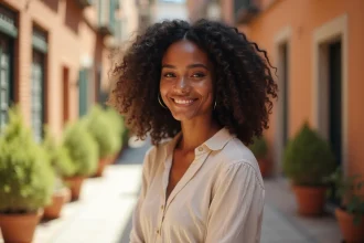 Femme aux cheveux frisés avec une coupe tendance 2026 en boucles naturelles définies, style casual chic en extérieur