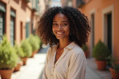 Femme aux cheveux frisés avec une coupe tendance 2026 en boucles naturelles définies, style casual chic en extérieur