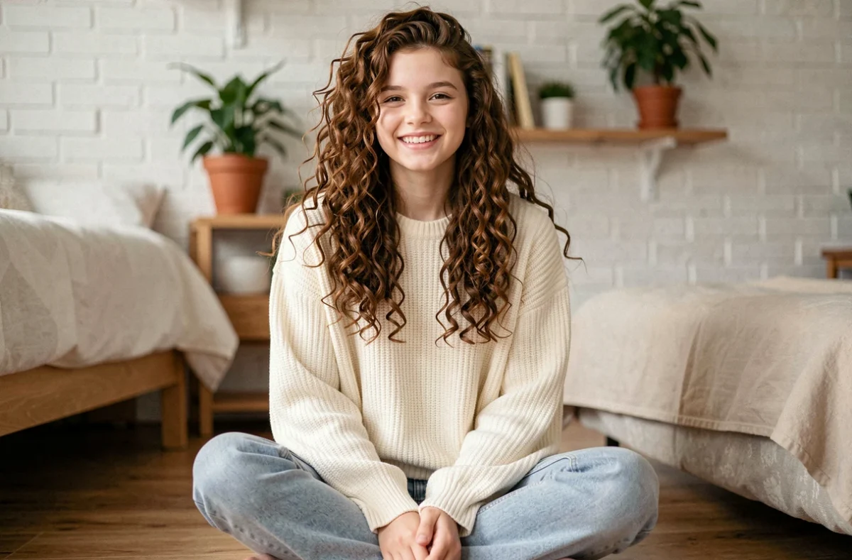Adolescente aux longs cheveux bouclés châtains coiffés en boucles volumineuses, assise dans une chambre cosy avec un style casual et naturel