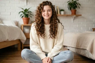 Adolescente aux longs cheveux bouclés châtains coiffés en boucles volumineuses, assise dans une chambre cosy avec un style casual et naturel