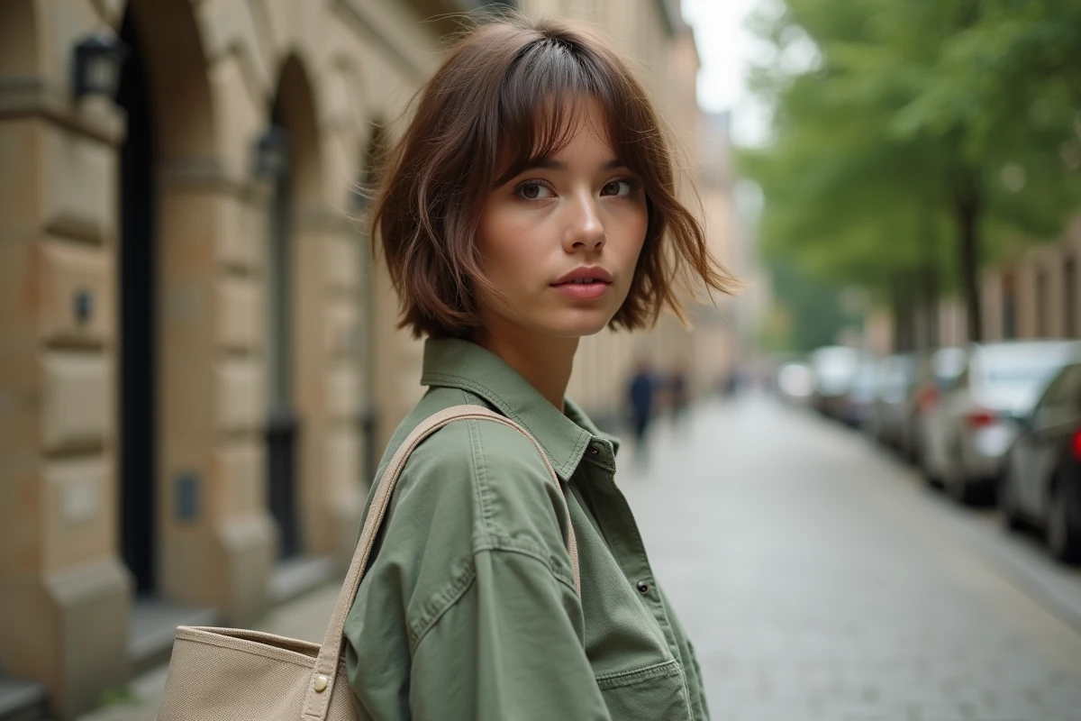 Jeune femme avec une coupe courte en couches sur cheveux fins marchant dans une rue urbaine