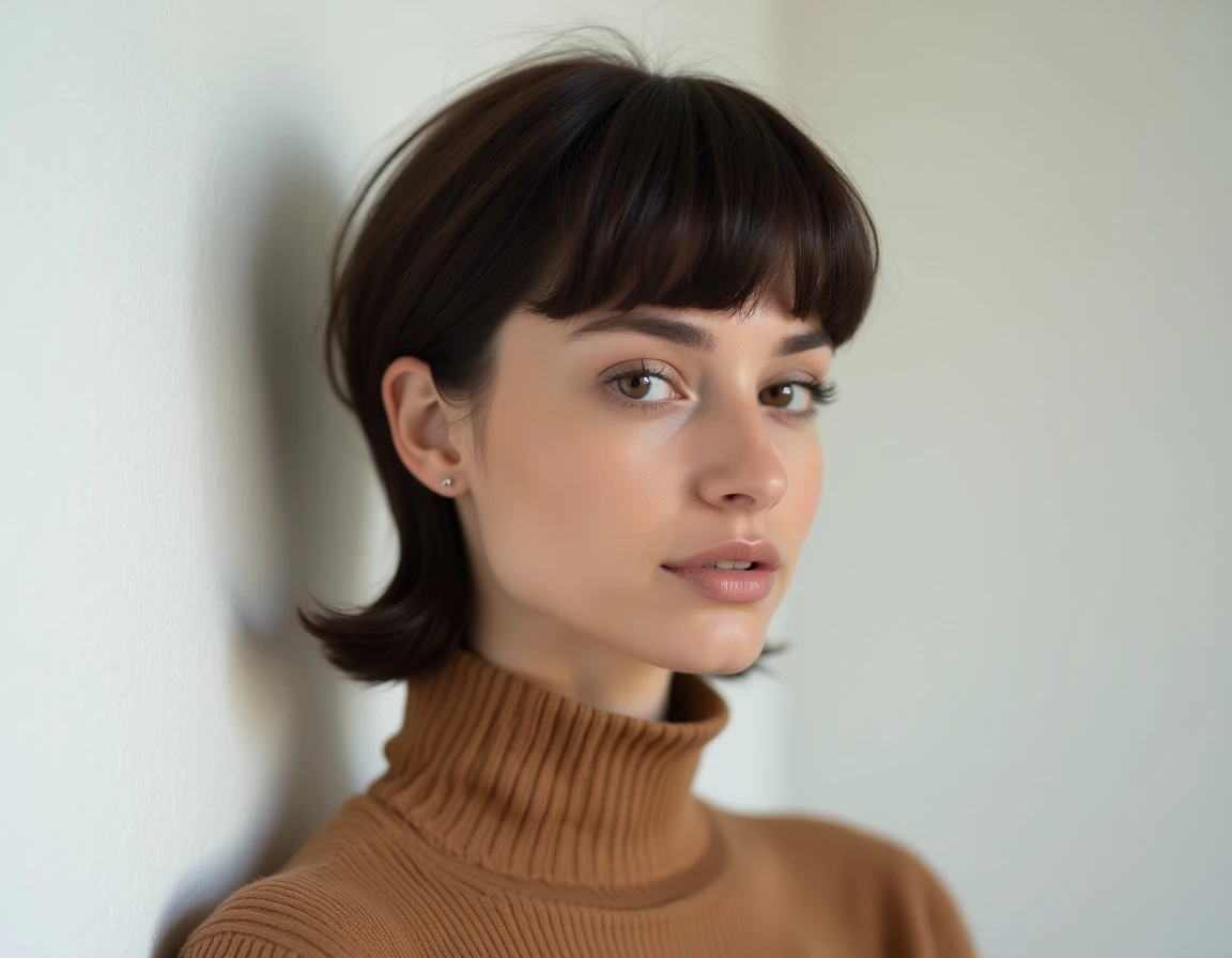 Femme avec une coupe Cuenta structurée et frange droite dans un appartement parisien contemporain