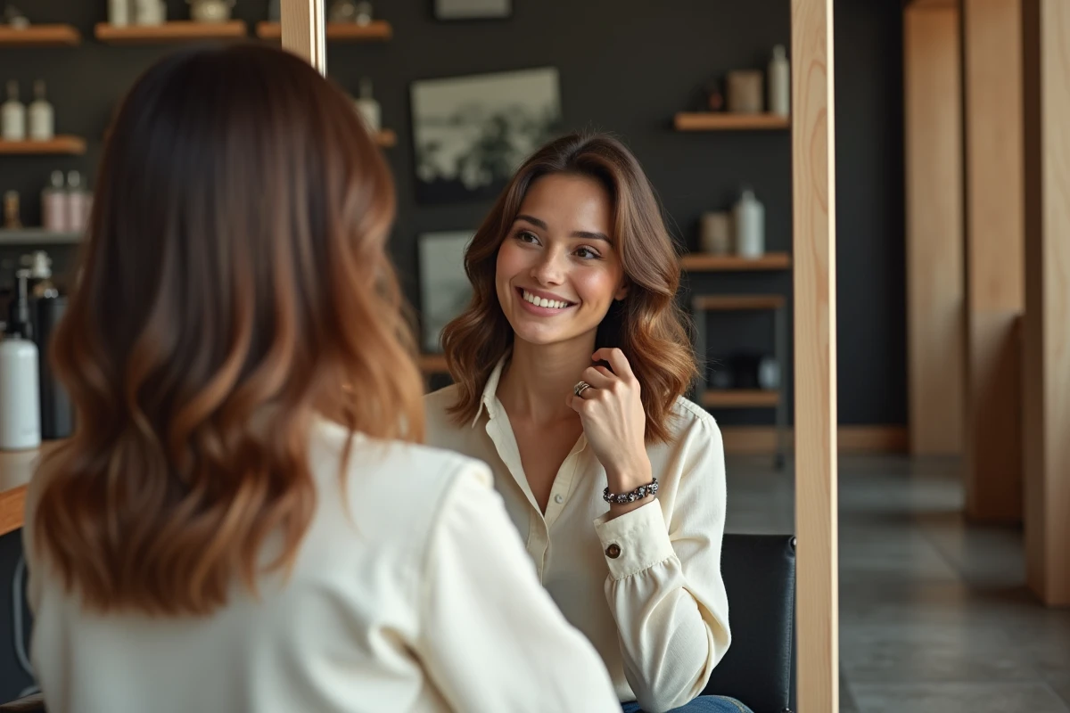 Femme aux cheveux mi-longs avec une coupe dégradée soignée dans un salon de coiffure moderne