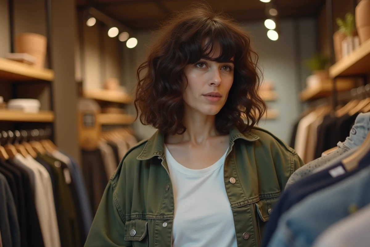 Femme méditerranéenne avec une coupe frisée shaggy et frange rideau tendance 2026, ambiance boutique lifestyle décontractée