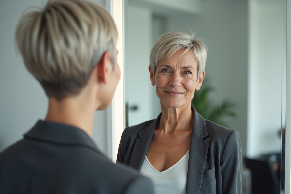 Femme de 40 ans avec une coupe garçonne blonde cendrée dans un salon de coiffure moderne, précision de la coupe