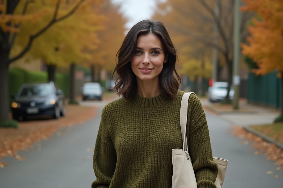 Femme avec une coupe courte garçonne texturée en extérieur en automne, look naturel et décontracté