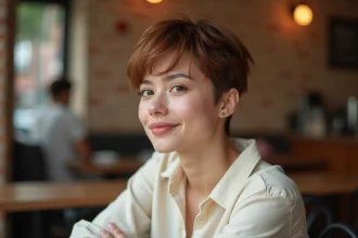 Femme avec une coupe garçonne pixie cut texturée en café urbain, style 2026 naturel et moderne