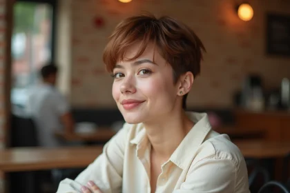 Femme avec une coupe garçonne pixie cut texturée en café urbain, style 2026 naturel et moderne