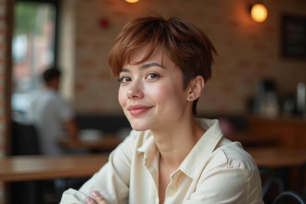 Femme avec une coupe garçonne pixie cut texturée en café urbain, style 2026 naturel et moderne