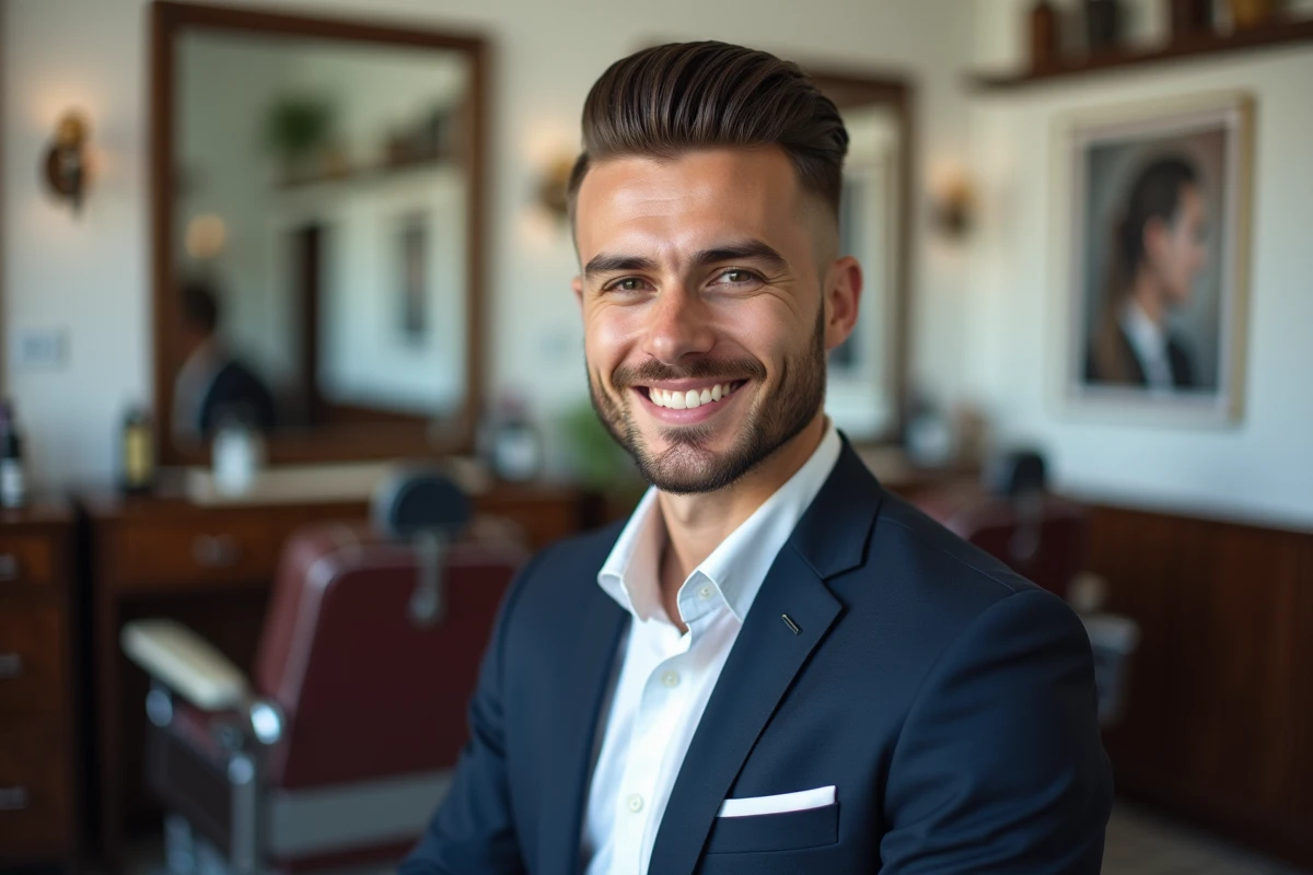 Portrait soigné d'un homme avec un mulet stylé dans un barbershop vintage portant un blazer marine