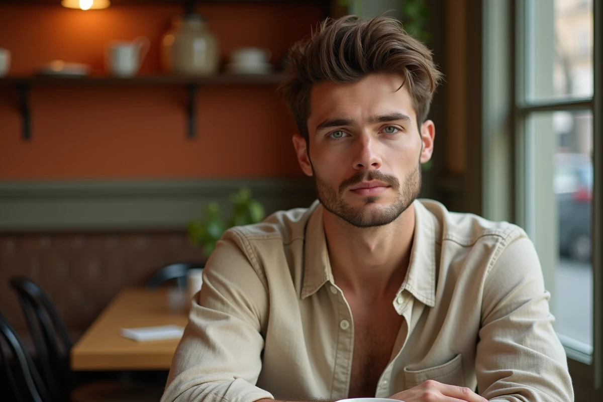 Jeune homme arborant une coupe mulet texturée assis dans un café parisien avec une chemise en lin beige