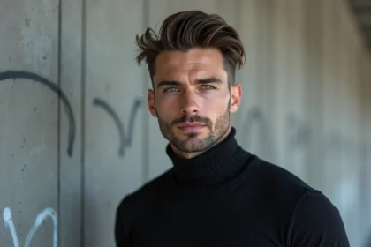 Homme avec une coupe mulet moderne et soignée portant un col roulé noir, posant devant un mur en béton urbain