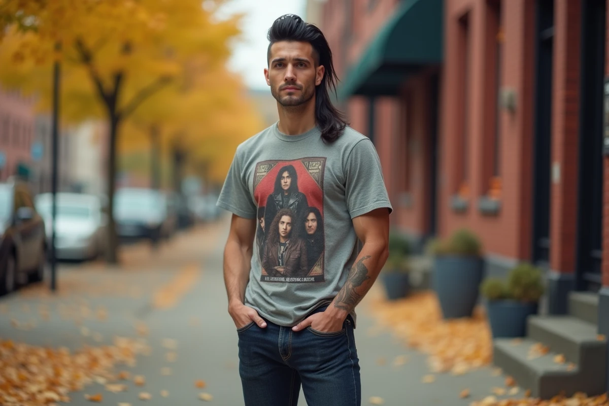 Homme avec une coupe mulet tendance en pleine rue en automne, portant un jean et un t-shirt vintage