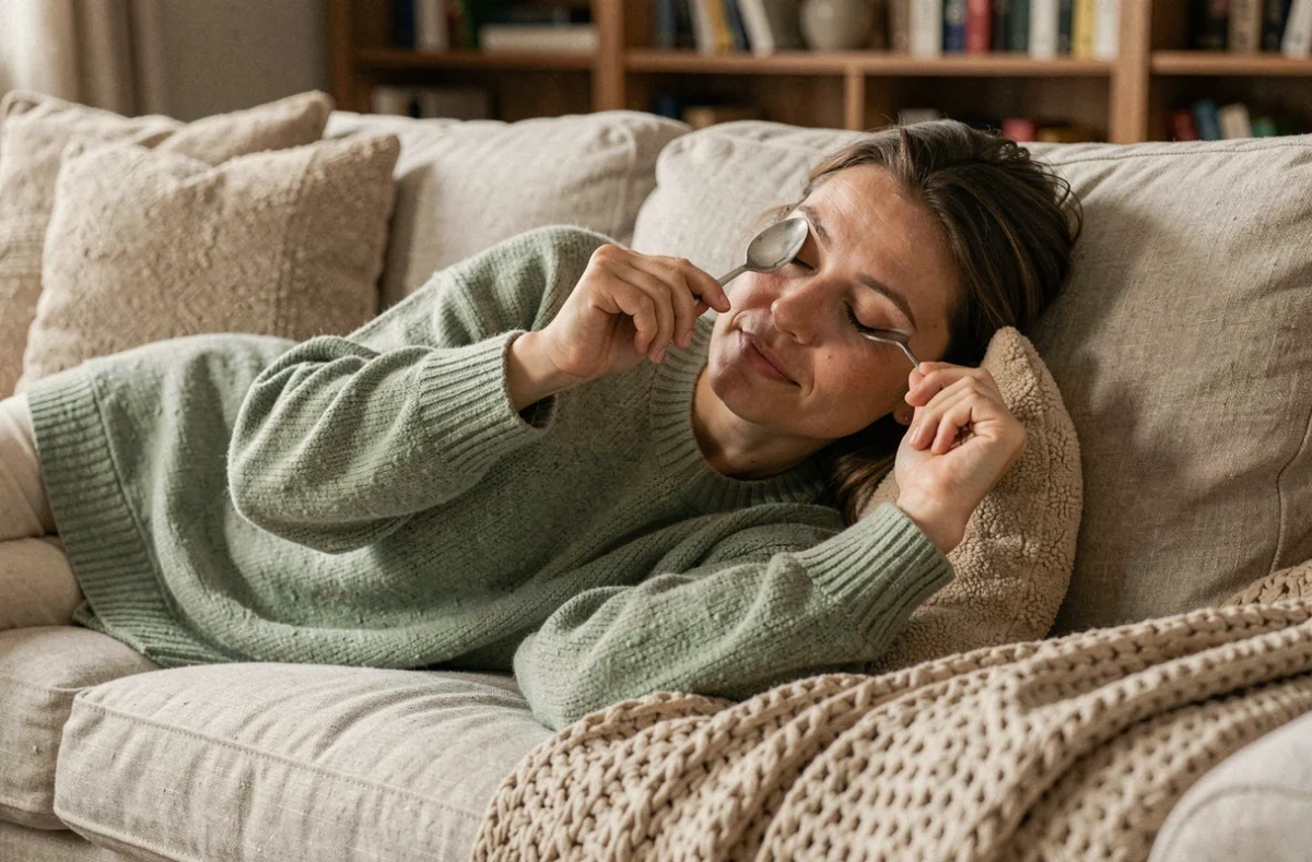 Femme allongée sur un canapé avec des cuillères froides sous les yeux pour dégonfler les poches, dans un salon cosy et naturel