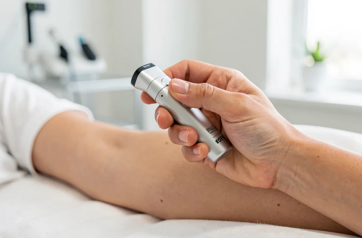 Dermatoscope tenu au-dessus de la peau d'un avant-bras