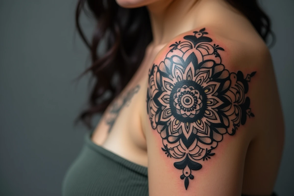 Gros plan sur un tatouage blackwork mandala et botanique fraîchement réalisé sur le bras d'une femme, montrant la précision des traits et la texture du stippling