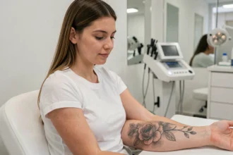 Jeune femme en cours de détatouage laser dans un centre esthétique moderne à Paris, regardant son tatouage en cours d'effacement sur l'avant-bras