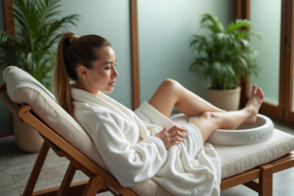 Femme détendue en robe de spa blanche profitant bain de pieds