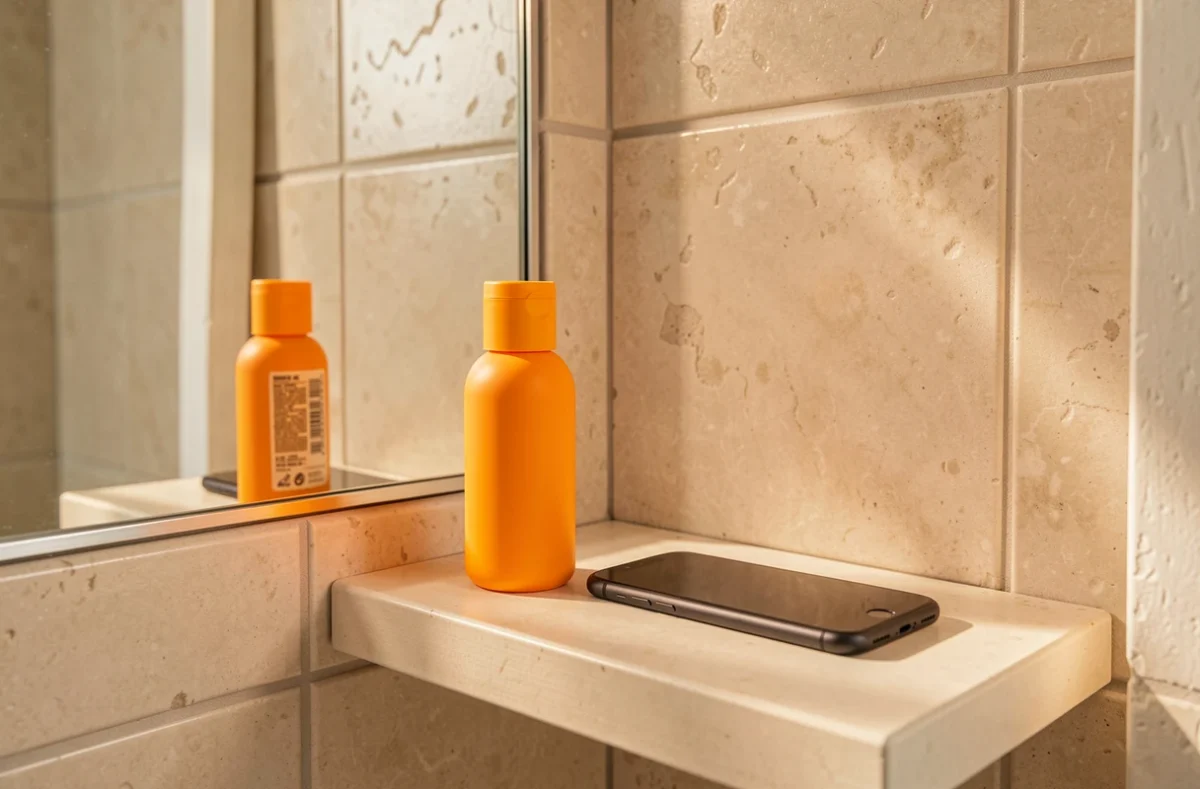 Écran solaire et téléphone posés près d'un miroir de salle de bain