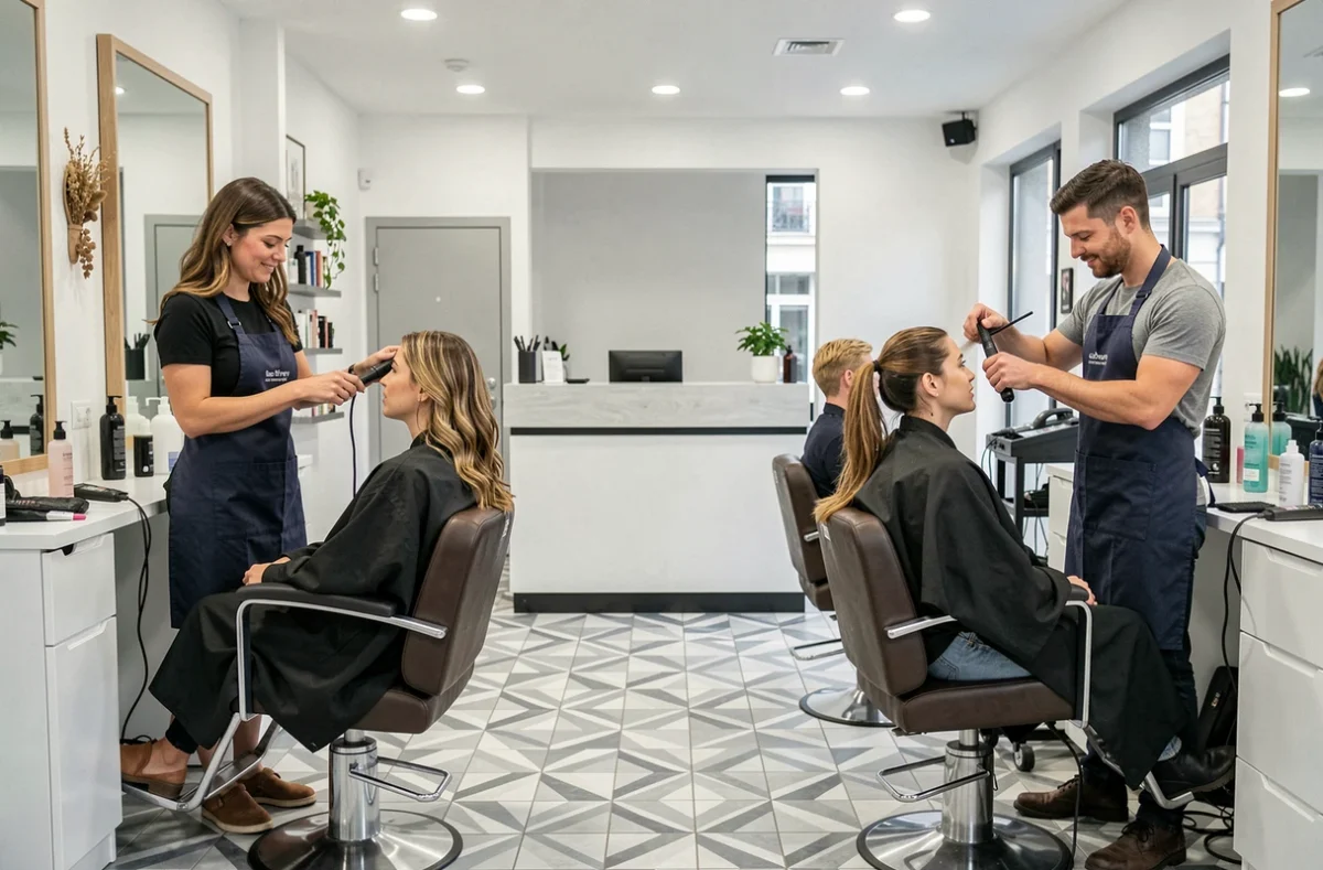 Salon de coiffure mixte Elle et Lui à Évry avec des coiffeurs travaillant simultanément sur des clients hommes et femmes
