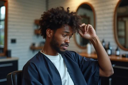 Homme aux cheveux frisés assis dans un fauteuil de barbier moderne examinant ses boucles naturelles bien définies