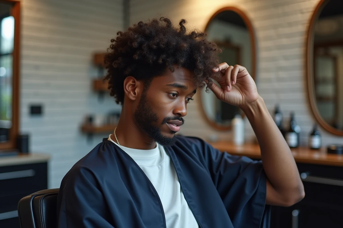 Homme aux cheveux frisés assis dans un fauteuil de barbier moderne examinant ses boucles naturelles bien définies