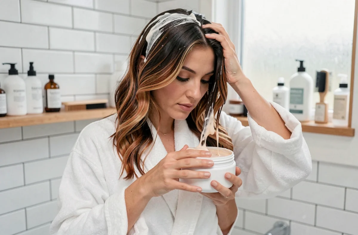 Femme brune aux mèches cuivrées appliquant un masque capillaire dans une salle de bain moderne pour entretenir l'éclat de sa coloration