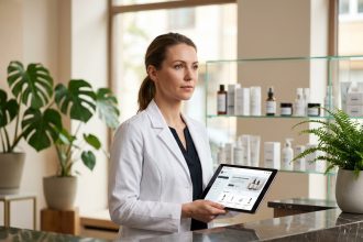 Esthéticienne professionnelle consultant une plateforme dédiée aux produits esthétiques sur tablette dans un institut moderne