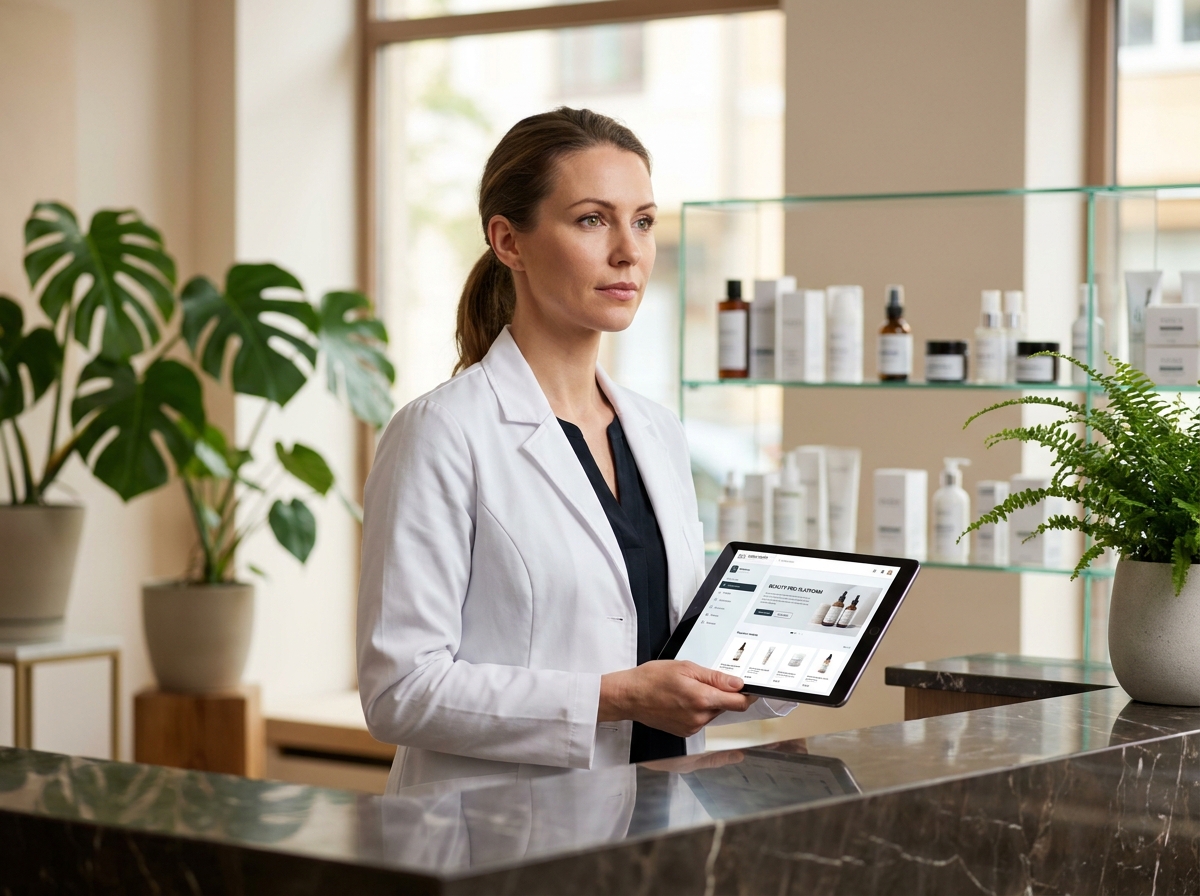 Esthéticienne professionnelle consultant une plateforme dédiée aux produits esthétiques sur tablette dans un institut moderne