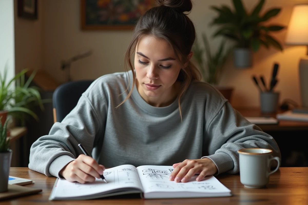 Jeune femme consultant une estimation de coût de tatouage sur des feuilles de papier posées sur un bureau en bois avec des croquis de tatouage