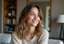 Femme souriante dans un appartement élégant et cosy