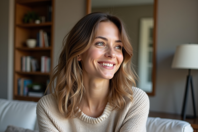 Femme souriante dans un appartement élégant et cosy